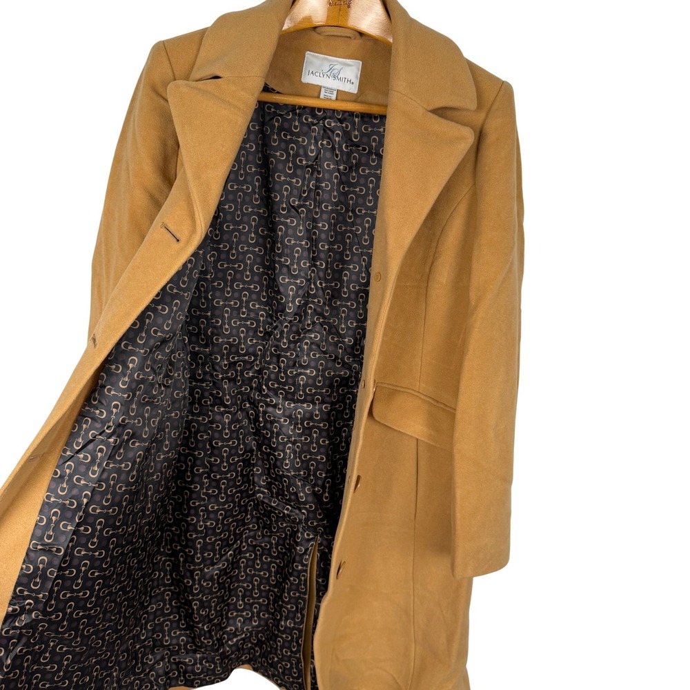 Jaclyn Smith Women's L Camel Wool Blend Long Coat Button Front Equestrian Lining